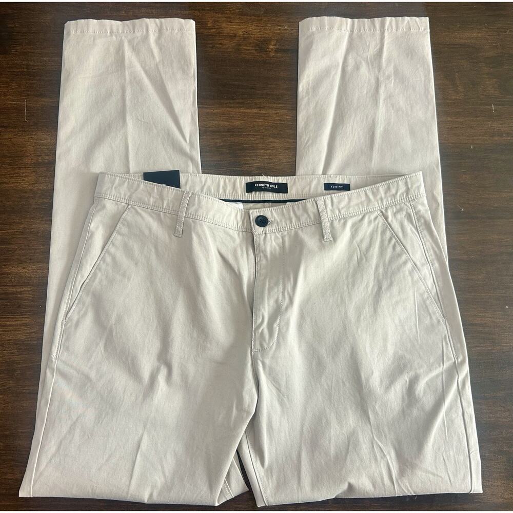 Kenneth Cole Mens Slim fit Twill Chinos 34 / 32 Light Beige Stretch $70 Nwt